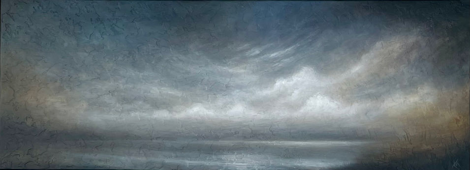 A moody nocturnal coastal scene with glowing white clouds reflected in the sea below.