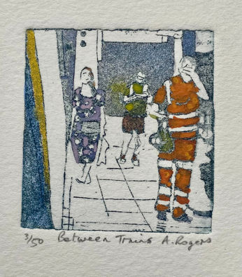 Three figures dressed in orange, lilac and green in a train station.