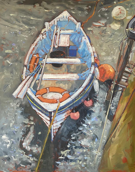 A view looking down onto the Staithes double-Ender boat, Mizpah.