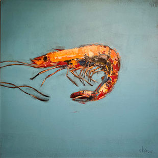 A vibrant orange painting of a prawn on a flat cerulean blue background.