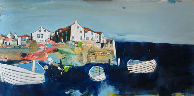Large panoramic painting depicting Staithes cottages surrounded by a blue sea with white fishing boats