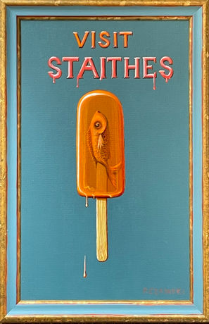 An orange translucent ice lolly containing a fish contrasts against a teal blue background and frame.