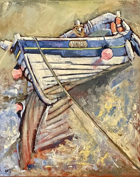 The tilted blue and white fishing boat tilts on dry land and is reflected in the rising waters in the foreground.