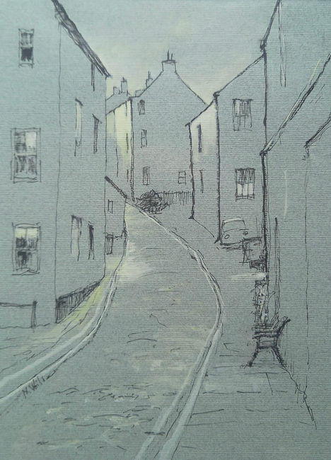 A linear drawing looking up Church Street, Staithes, predominantly washed in a mid tone contrasting with flashes of sunlight.
