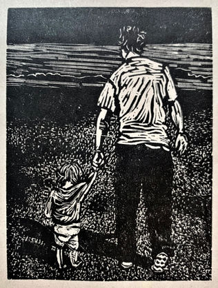 A details wood engraving of a man and child walking away holding hands.
