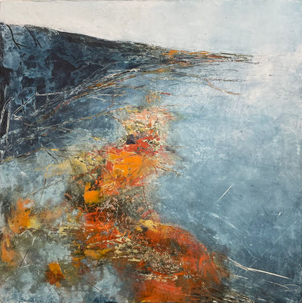 A haunting evocative and textured painting loosely depicting a rocky coastline above a sea of blue and orange.