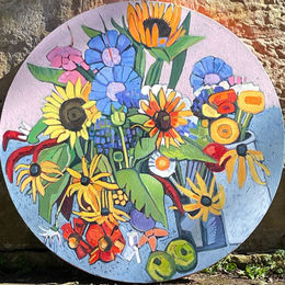 A lively painting of vibrant summer flowers.