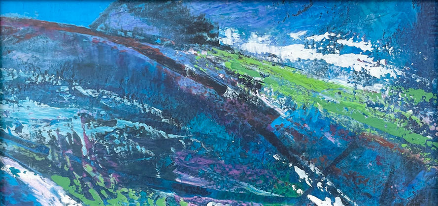 A dramatic, expressively painted seascape depicted using layers of blue, violet, grass green and white.