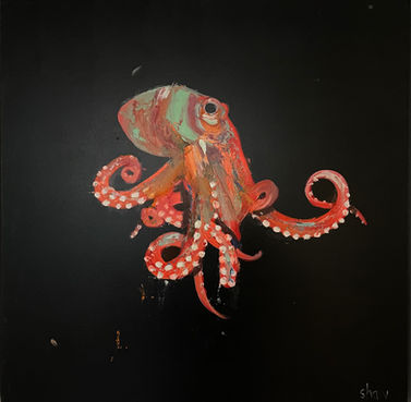 Square painting of an orange and turquoise octopus floating on a black background.