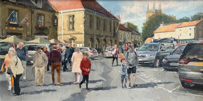 A depiction of a bustling street scene in Helmsley.