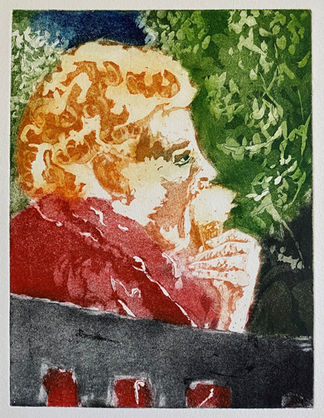 A vibrant, expressive colour intaglio print of a person eating an ice cream.