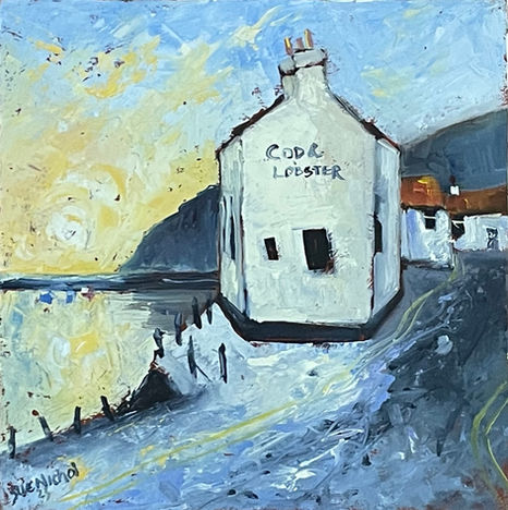 One of the most painted pubs in Staithes Village expressively painted from an unusual angle.