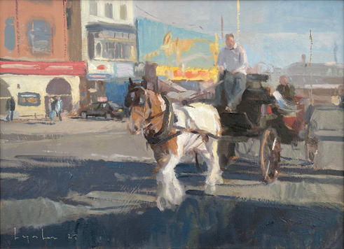 A horse and carriage trotting across a promenade, bright amusement shopfronts in the background.