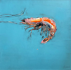 Expressive painting of a prawn in profile floating on a sky blue background.