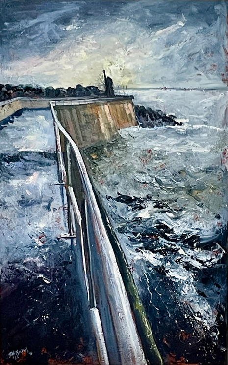 A dramatic narrow painting looking along the breakwater path towards the distant lantern with forbidding stormy weather approaching.