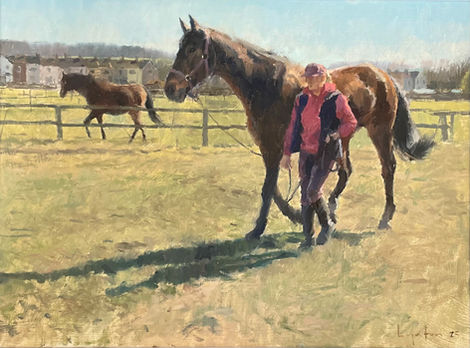 An impressive horse is being led across the foreground of a sunlit field, casting its shadow on the ground.  The distinctive rows of houses of Dunsdale can be glimpsed in the background.