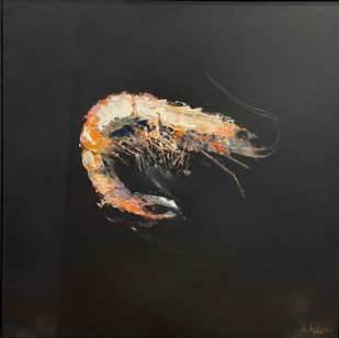 A dramatic side on prawn expressively painted against a black background.
