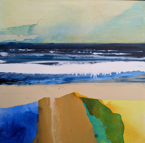 An abstracted view of sea, sand and sky with vibrant hues of yellow, green , brown and blue in the foreground.
