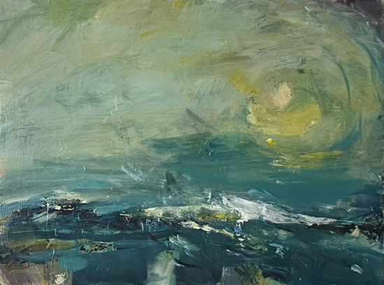 Large expressive painting of a rough sea merging with a stormy sky, a hint of sun trying to emerge in the right hand corner.