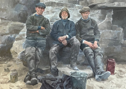 Another of Lynton’s popular recreations of archive photographs depicting three Verrill Brothers in gannets and caps relaxing on rocks on Staithes beach.
