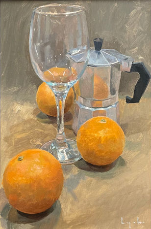 A stunningly illusionistic painting of a glass, steel coffe pot and three oranges, painted in the manner of Dutch Old Masters.