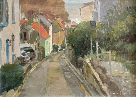 An expressively painted view looking downhill from Church Street towards the harbour.
