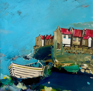 Vibrant, expressive interpretation of Staithes sea wall and cottages dominated by sky blue sea and sky with a traditional fishing boat in the foreground.