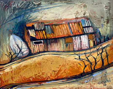 A loosely painted, lyrical view of a dilapidated building conveyed using layers of ochres and oranges and framed by the silhouettes of bare tree branches.