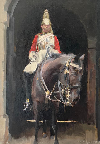 A striking frontal painting of a horse guard in full regalia astride a dark brown house with gleaming coat.