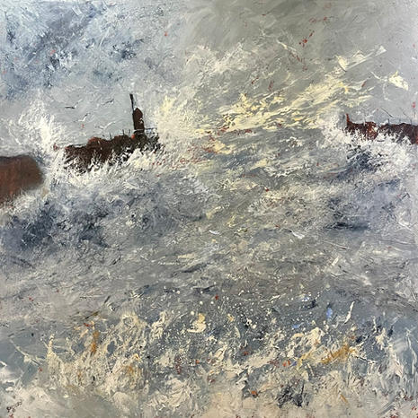 A dramatic, expressively painted view of the harbour at High Tide.  The distant breakwater arms are silhouetted against crashing waves.