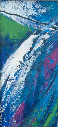 An unusual portrait format seascape expressively painted in layers of blue, white, magenta and emerald.