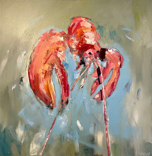 A large, expressively painted lobster on a blue/ grey background.
