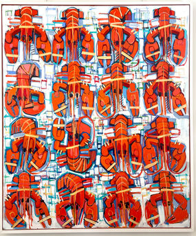 A vibrant and expressive painting of twelve lobsters arranged grid like across the canvas on a pale blue and white background.