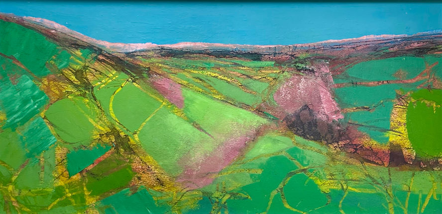 A patchwork of green and lavender fields expressively convey the Yorkshire landscape.