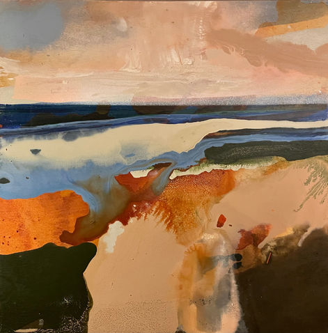 Fluid abstract painting of a coastal scene with a colour theme of blues, orange and dusky pink