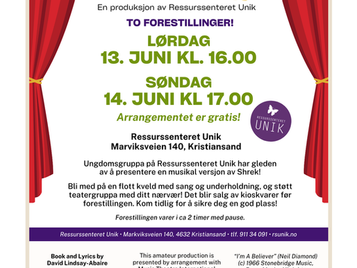 Teatergruppa på Unik inviterer til Shrek The Musical - Gratis forestilling 13 og 14 juni