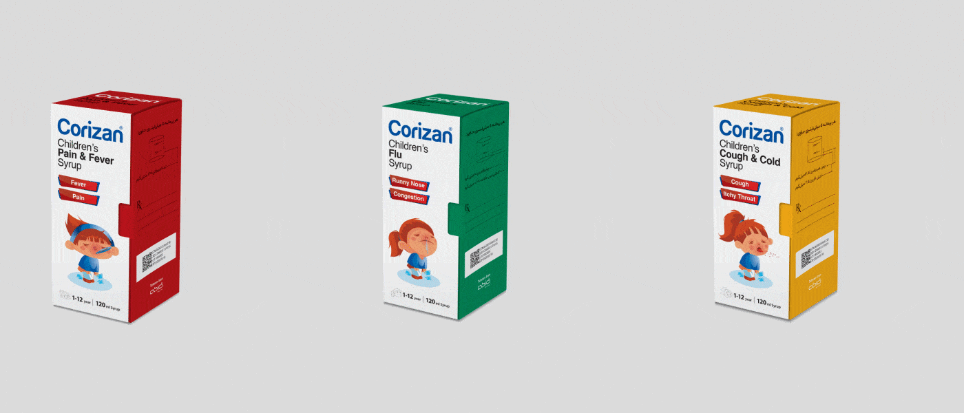 Corizan Children’s Syrup packaging redesign with colorful illustrations communicating children’s cold symptoms and recovery
