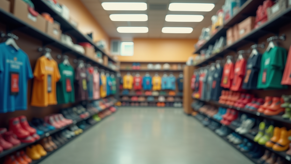 Eye-level view of a vibrant sports gear display in a community center