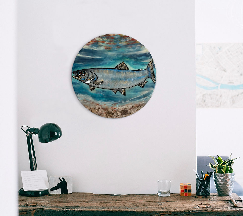 Thumbnail: *SOLD* Lake Whitefish Encaustic Painting – 12” Round Original 