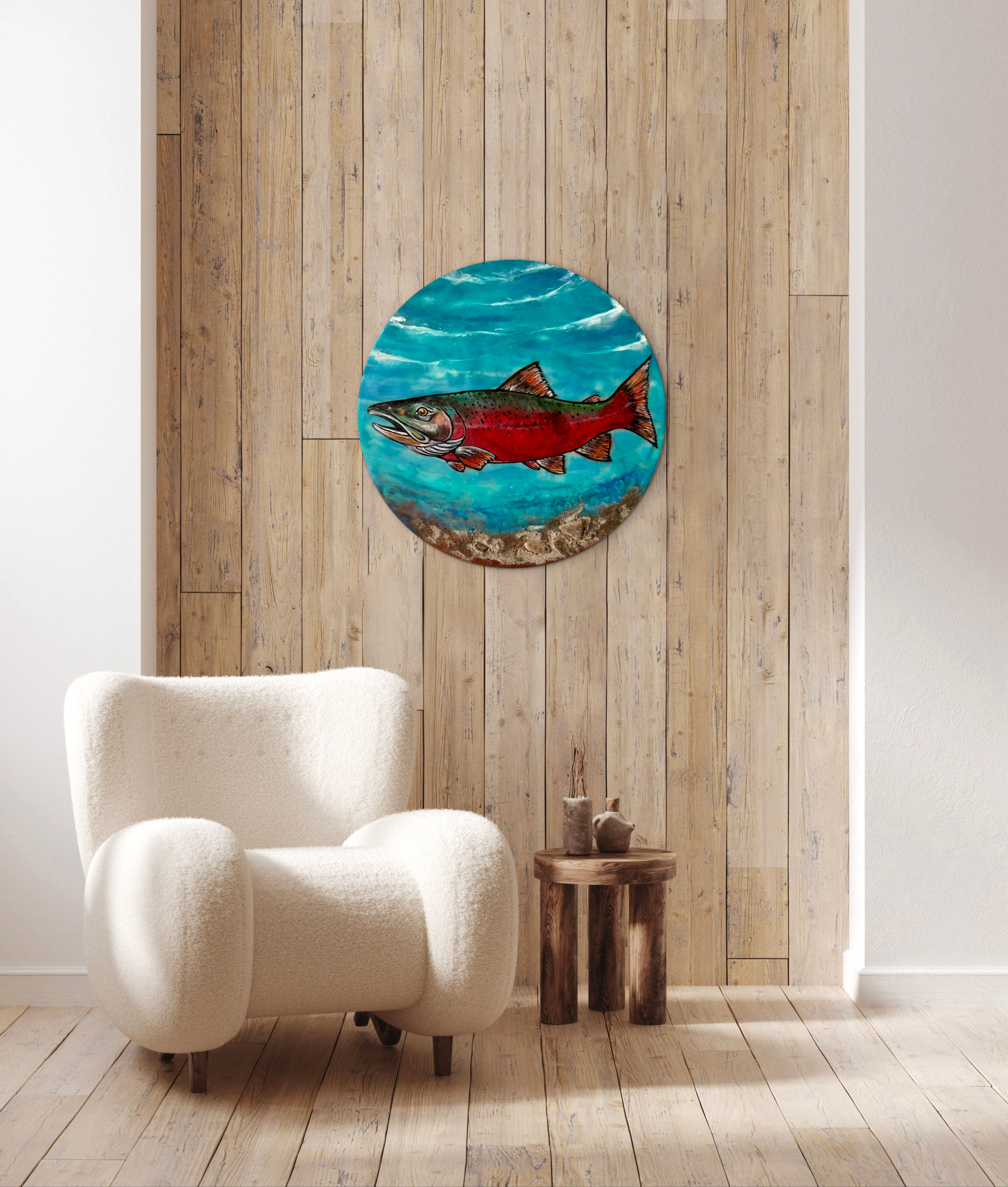 Coho Salmon Original Encaustic Painting 16” Round