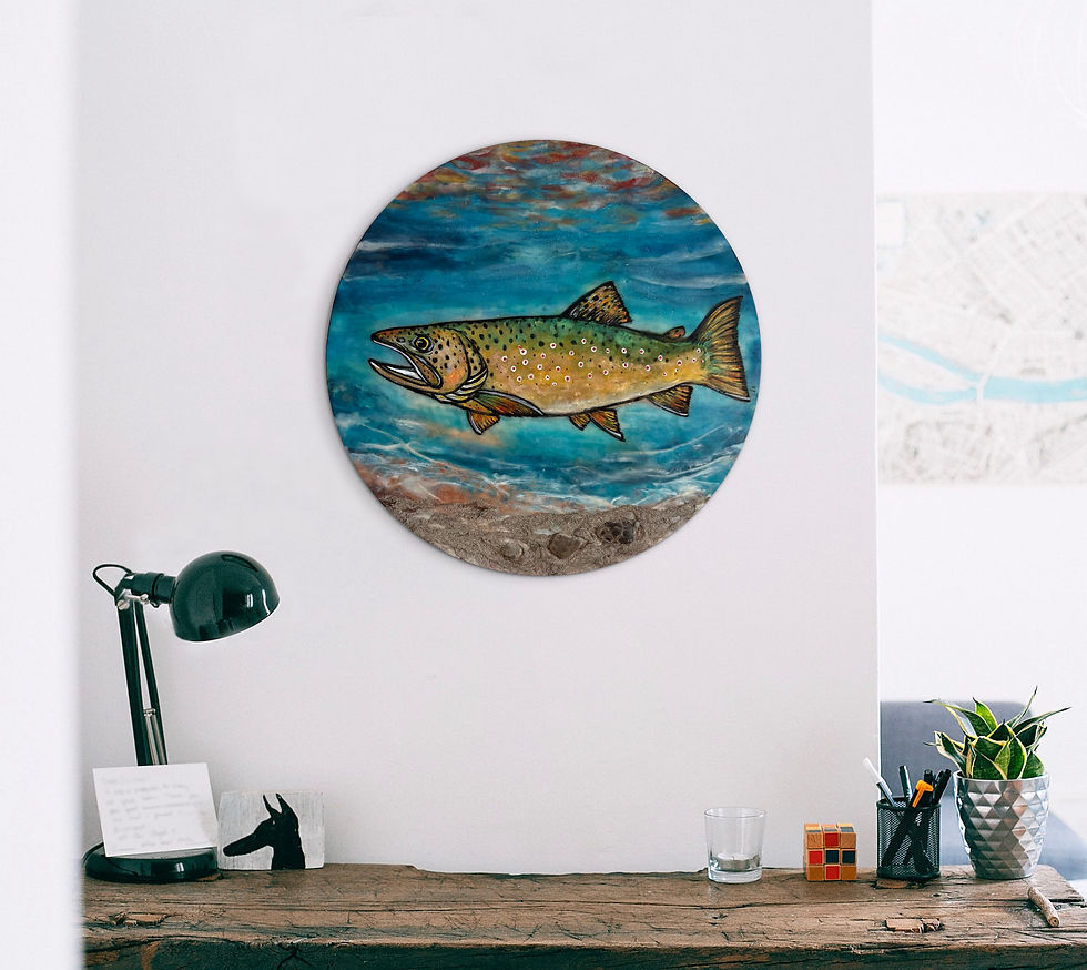 Thumbnail: *SOLD* Brown Trout Original Encaustic Painting – 14” Round 