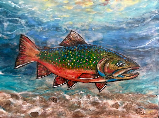 Thumbnail: Framed Brook Trout Encaustic Painting – Original 20” x 26”