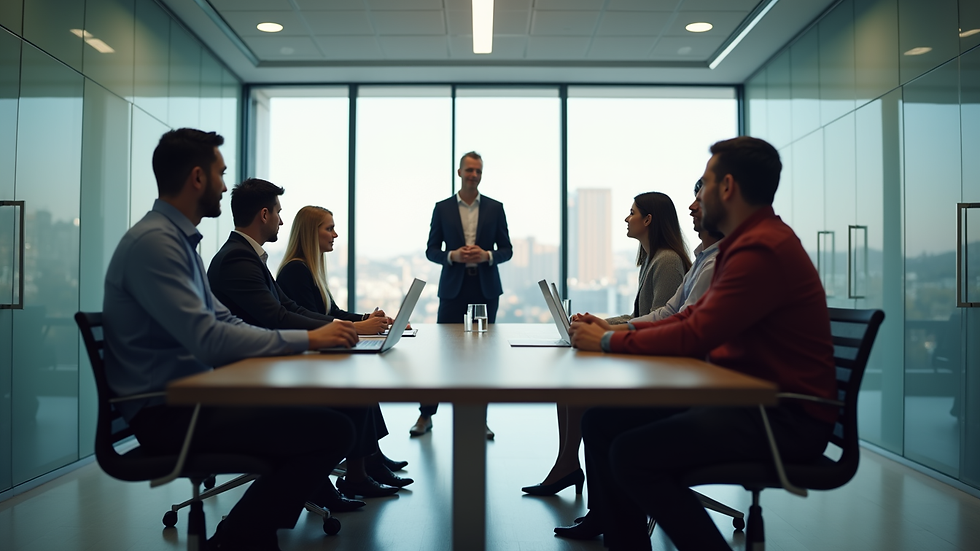Eye-level view of a modern office meeting room with a sales team discussing strategy