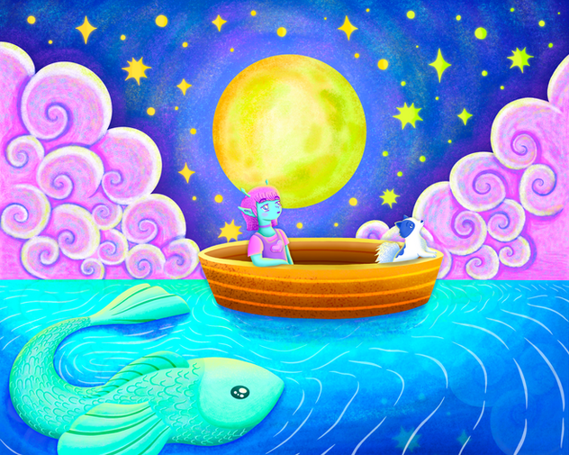 Canoe, Illustration, Girl on a boat, dog, girl with her dog, Narrative Illustration, Ocean scene, 