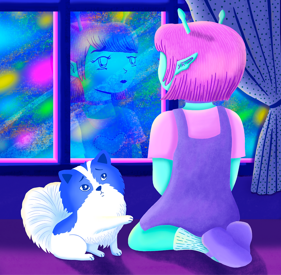 Girl looking out the winder showing a nice illustrated glow effect for an upcoming illustrated childrens book