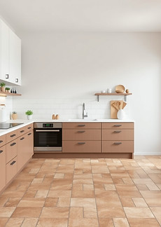 create a image of a modern kitchen floor with 12 inch light brownish tile blocks.jpg