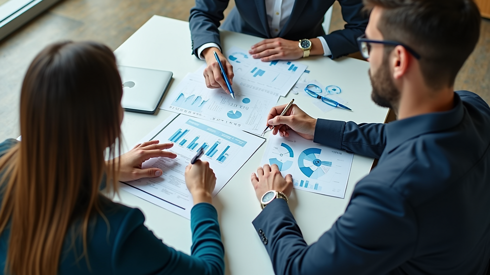 High angle view of a Virtual CFO consulting with a small business owner over financial charts