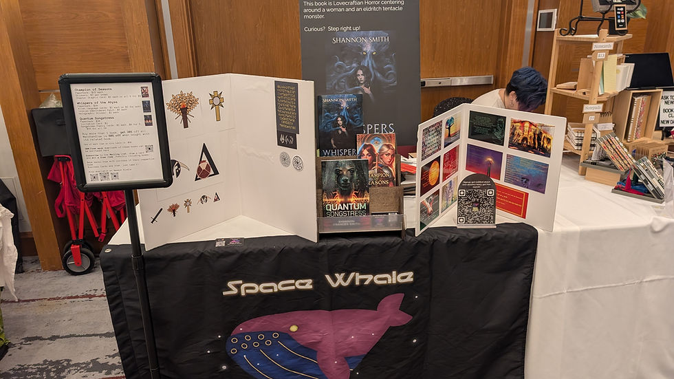 The table. The "Curious..." sign is on the shelf.