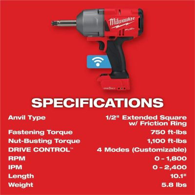 Thumbnail: Milwaukee M18 Fuel 1/2" Impact Wrench Extended Anvil (Bare Tool)