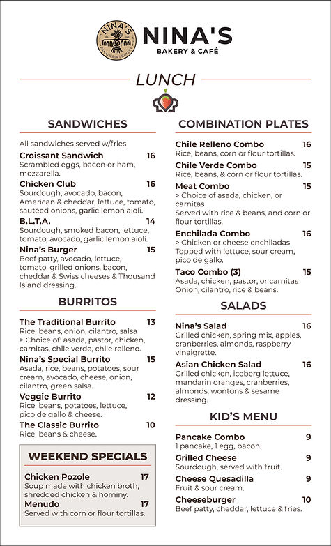 Nina's Lunch Menu
